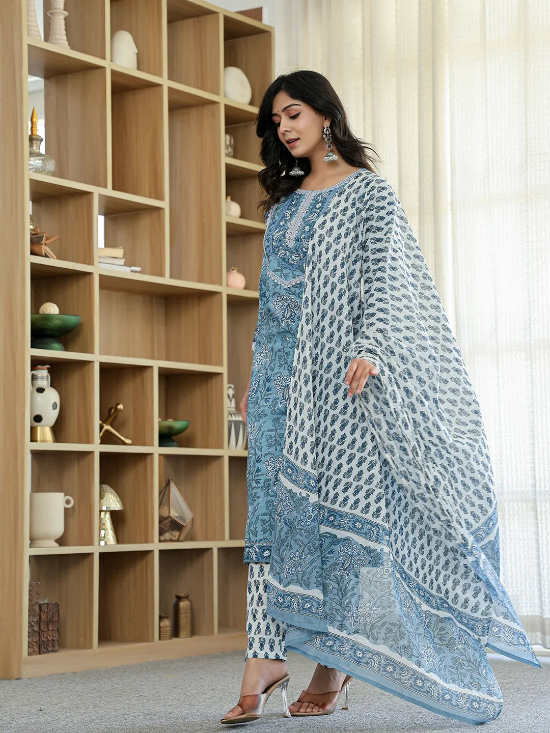 Sky Blue Pure Cotton Straight Kurta Dupatta Set With Lacework-Yufta Store-6187SKDSBM