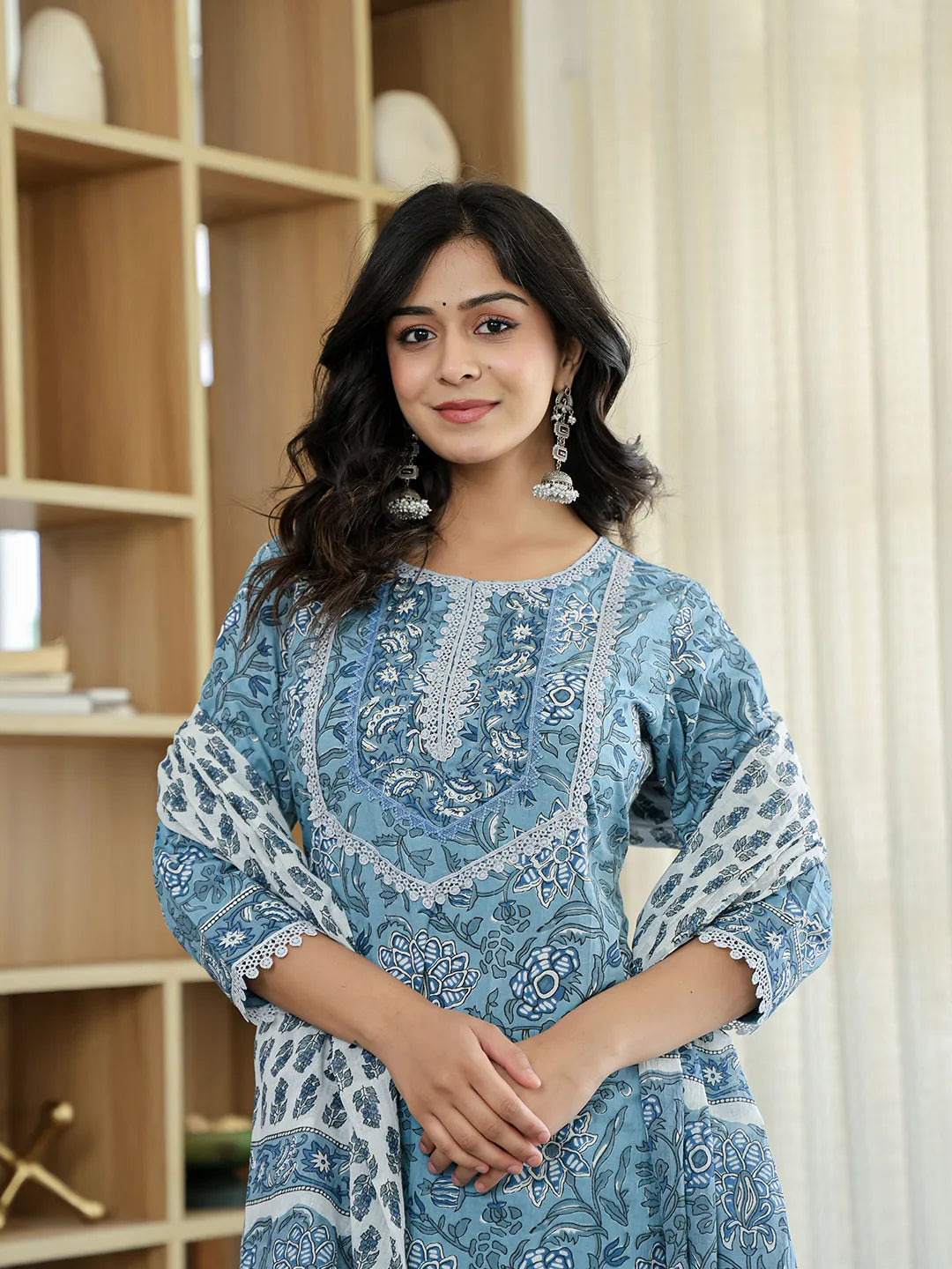 Sky Blue Pure Cotton Straight Kurta Dupatta Set With Lacework-Yufta Store-6187SKDSBM