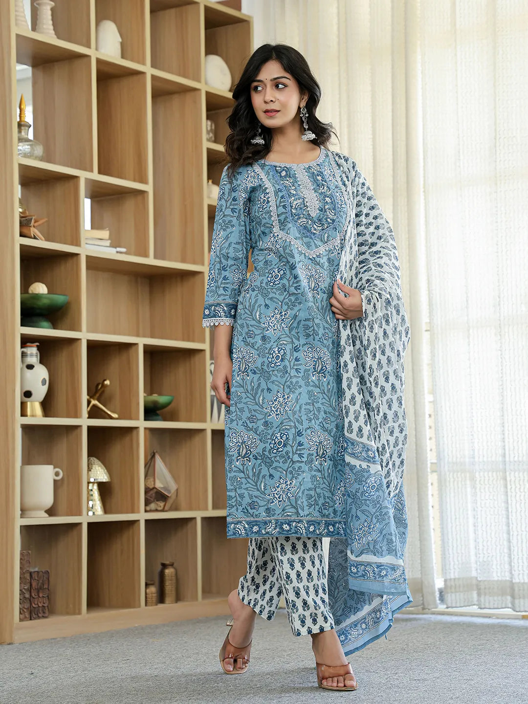 Sky Blue Pure Cotton Straight Kurta Dupatta Set With Lacework-Yufta Store-6187SKDSBM