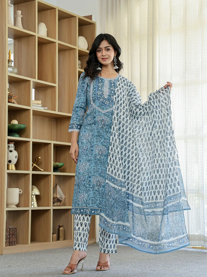 Sky Blue Pure Cotton Straight Kurta Dupatta Set With Lacework-Yufta Store-6187SKDSBM