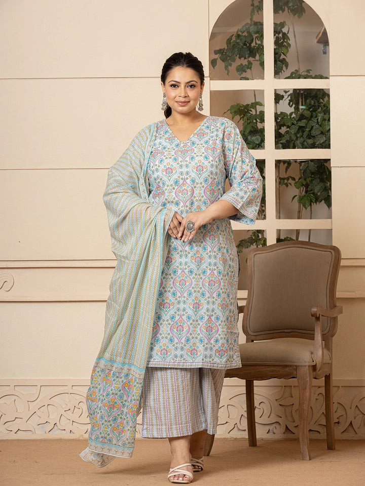 Sky Blue Pure Cotton Straight Plus Size Kurta With Palazzo Dupatta Set-Yufta Store-6900PSKDSB3XL