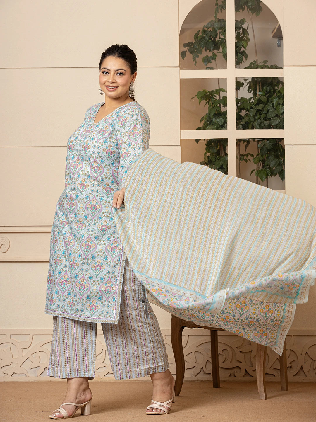 Sky Blue Pure Cotton Straight Plus Size Kurta With Palazzo Dupatta Set-Yufta Store-6900PSKDSB3XL