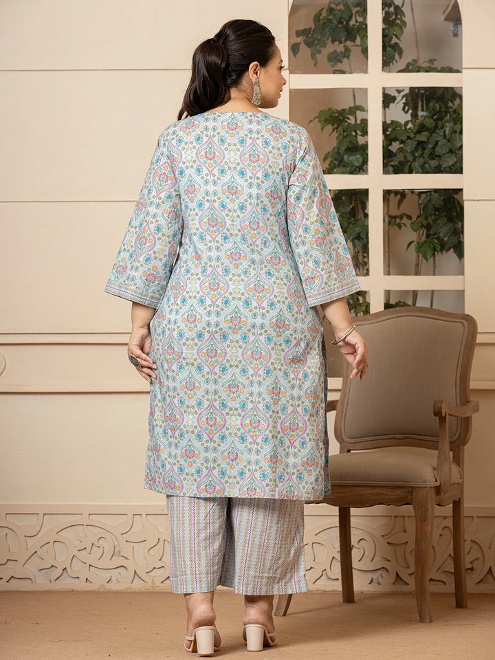 Sky Blue Pure Cotton Straight Plus Size Kurta With Palazzo Dupatta Set-Yufta Store-6900PSKDSB3XL