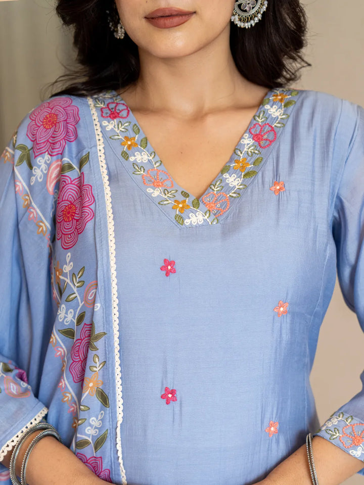 Sky Blue Resham Embroidery A-Line Chanderi Silk Kurta Trouser Dupatta Set