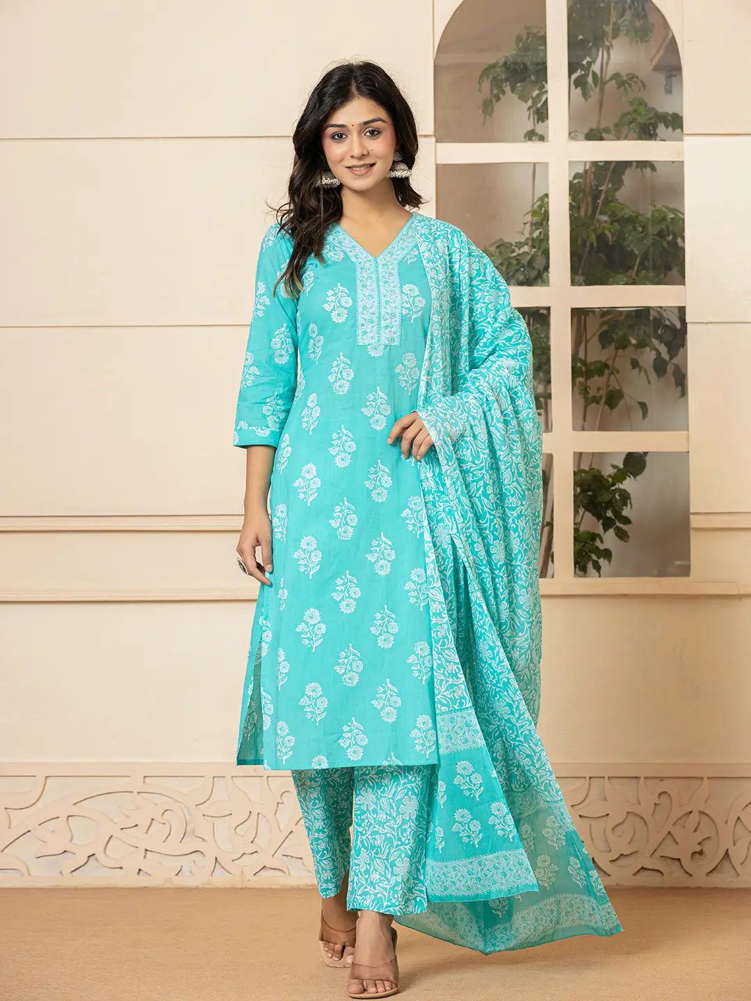 Sky Blue Sequins_Work Pure Cotton Straight Kurta Dupatta Set-Yufta Store-7030SKDSBS