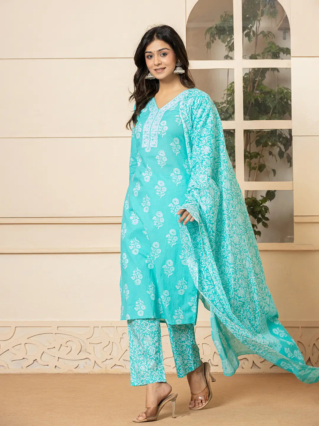 Sky Blue Sequins_Work Pure Cotton Straight Kurta Dupatta Set-Yufta Store-7030SKDSBS