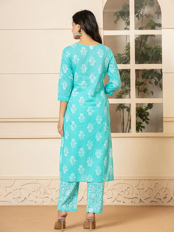 Sky Blue Sequins_Work Pure Cotton Straight Kurta Dupatta Set-Yufta Store-7030SKDSBS