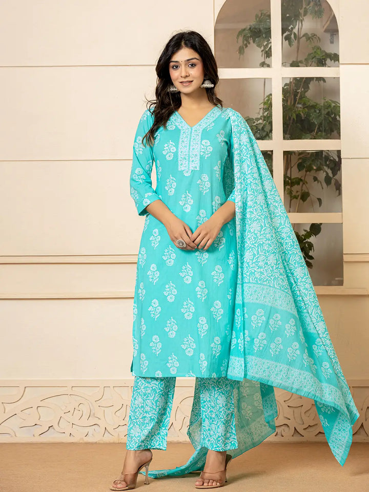 Sky Blue Sequins_Work Pure Cotton Straight Kurta Dupatta Set-Yufta Store-7030SKDSBS