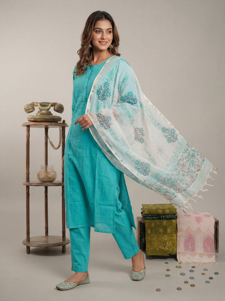 Sky Blue Silk Blend Straight Kurta Pant With Handblock Print Kota Doriya Dupatta Set