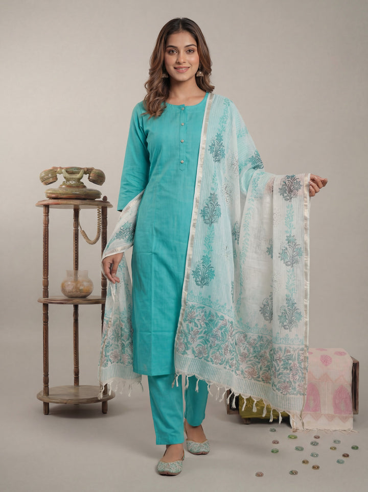 Sky Blue Silk Blend Straight Kurta Pant With Handblock Print Kota Doriya Dupatta Set