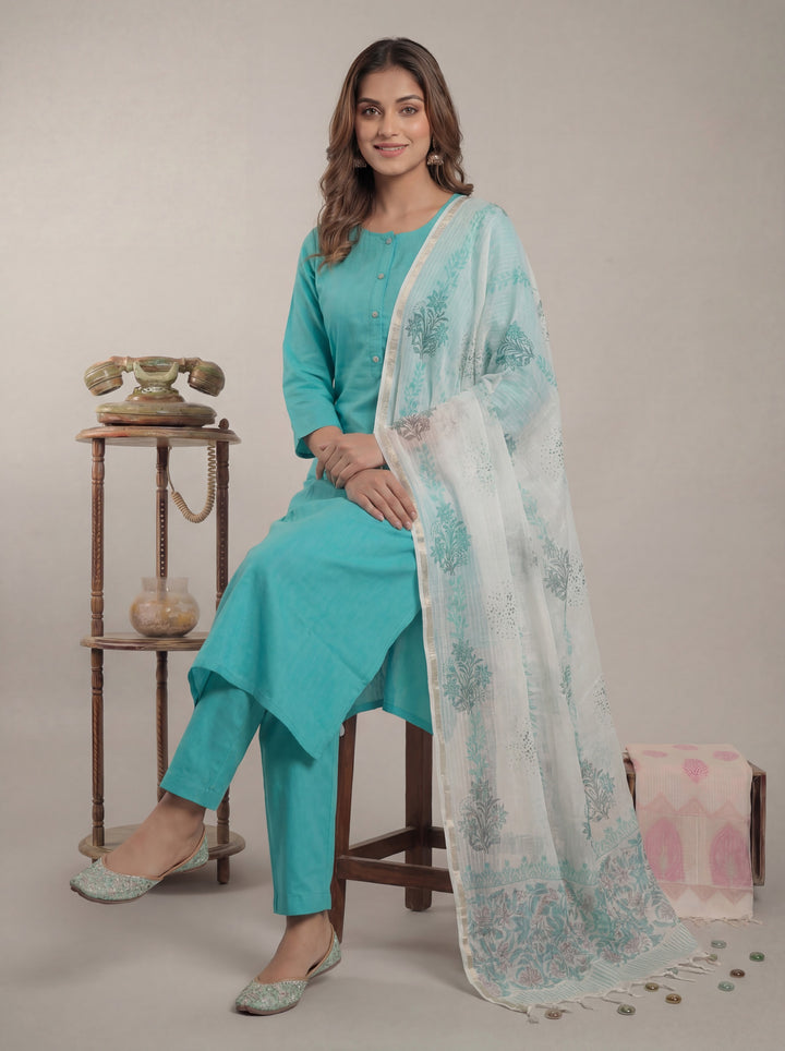 Sky Blue Silk Blend Straight Kurta Pant With Handblock Print Kota Doriya Dupatta Set