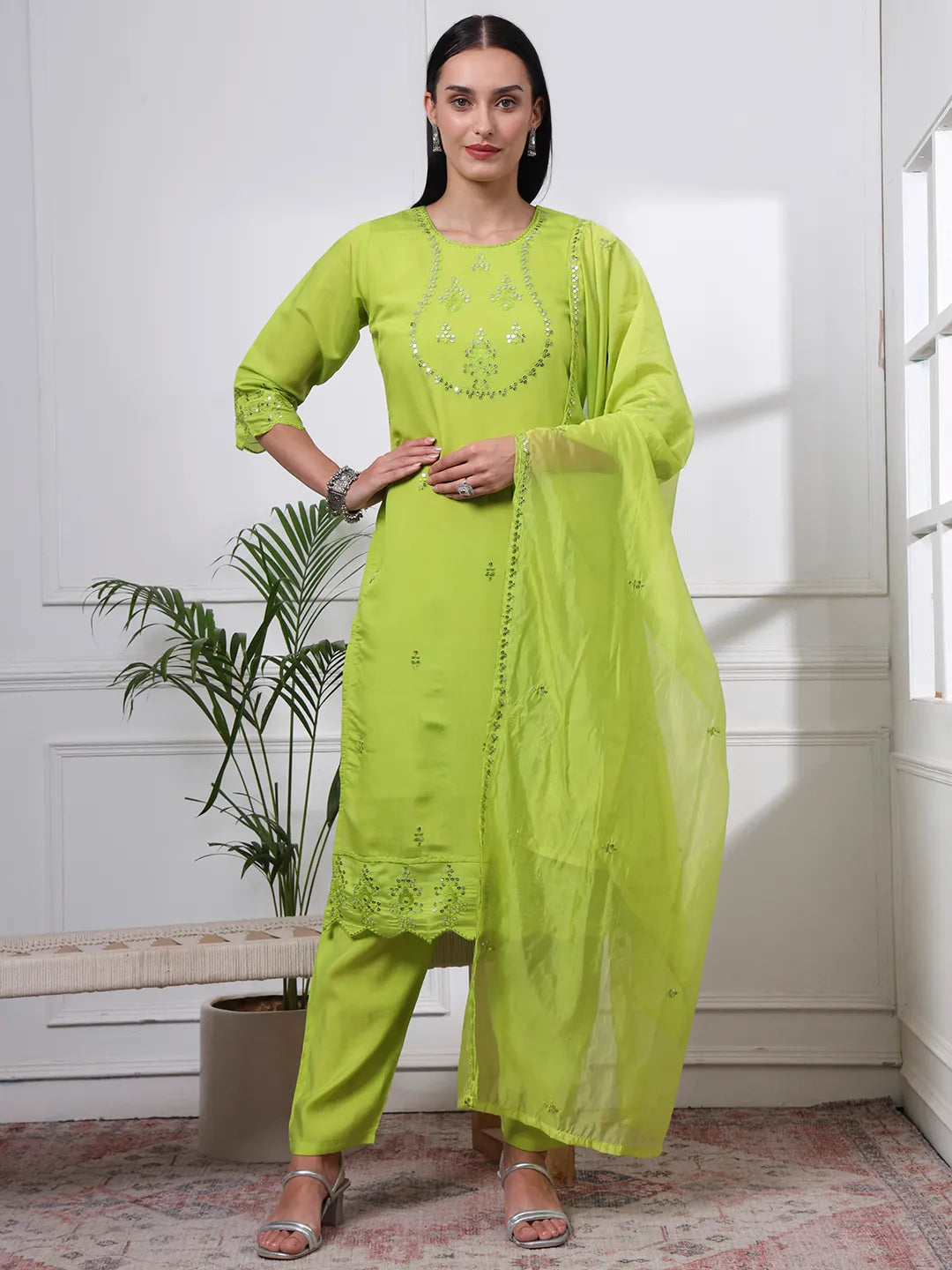 Slik Blend Lime Green Straight Kurta Dupatta Pant Set Cotton Lining Kurta