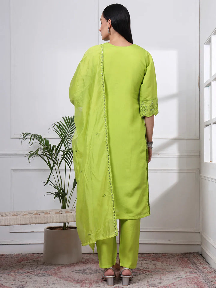 Slik Blend Lime Green Straight Kurta Dupatta Pant Set Cotton Lining Kurta