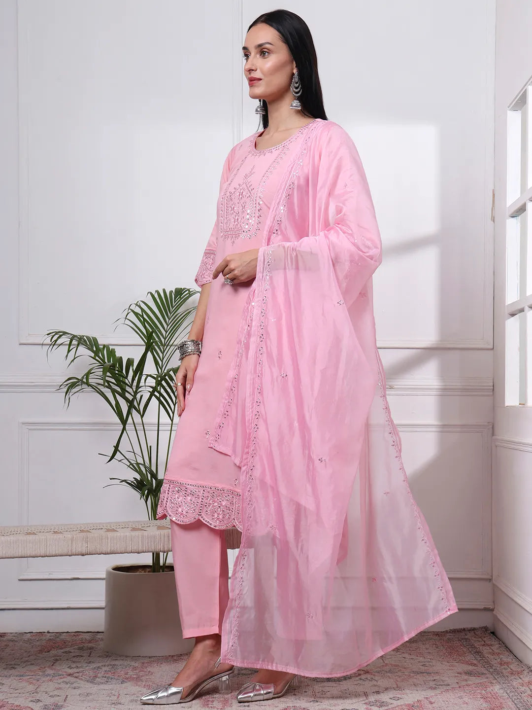 Slik Blend Pink Straight Kurta Dupatta Pant Set Cotton Lining Kurta