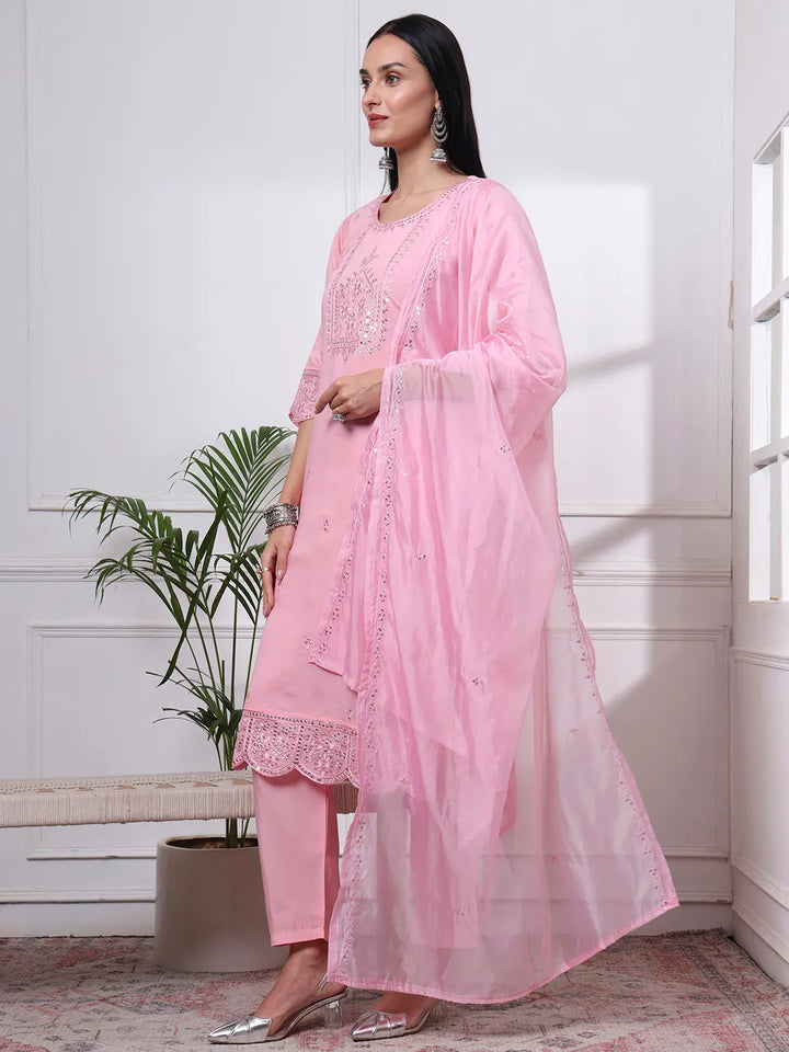 Slik Blend Pink Straight Kurta Dupatta Pant Set Cotton Lining Kurta