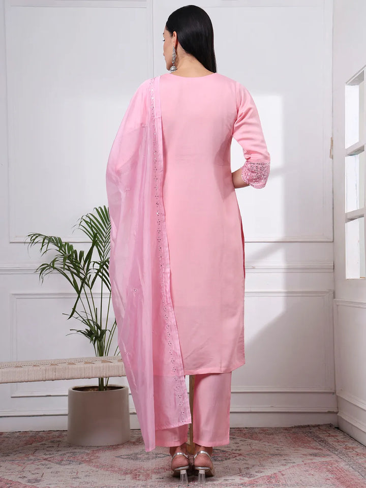 Slik Blend Pink Straight Kurta Dupatta Pant Set Cotton Lining Kurta