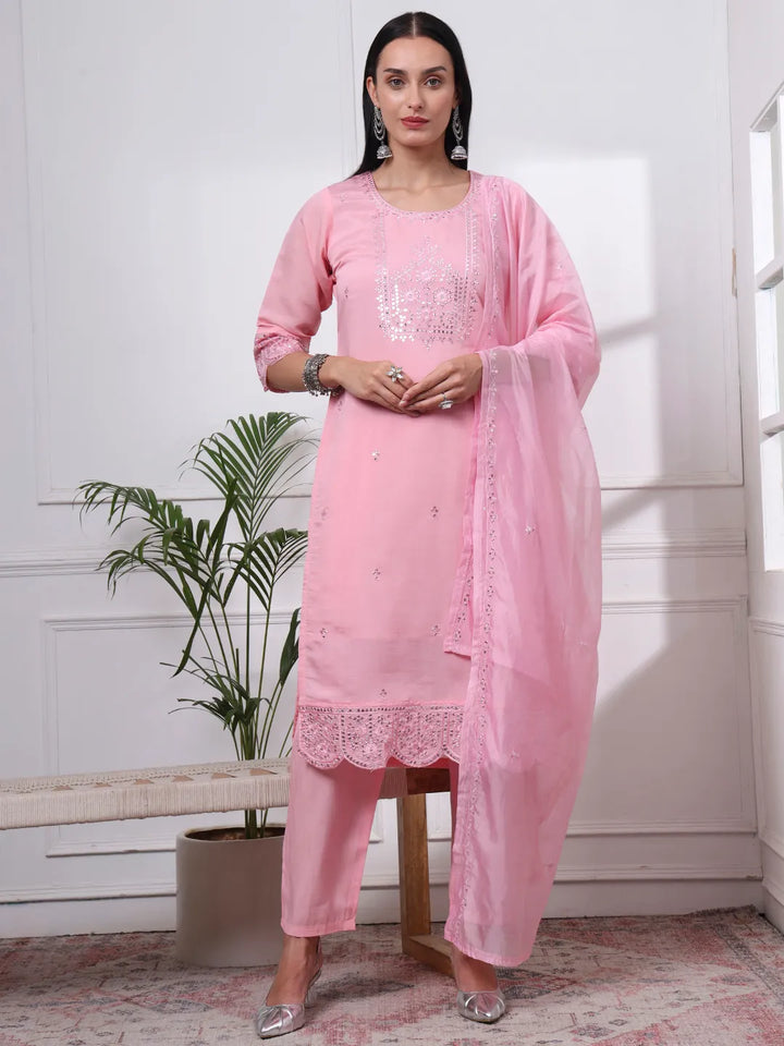 Slik Blend Pink Straight Kurta Dupatta Pant Set Cotton Lining Kurta