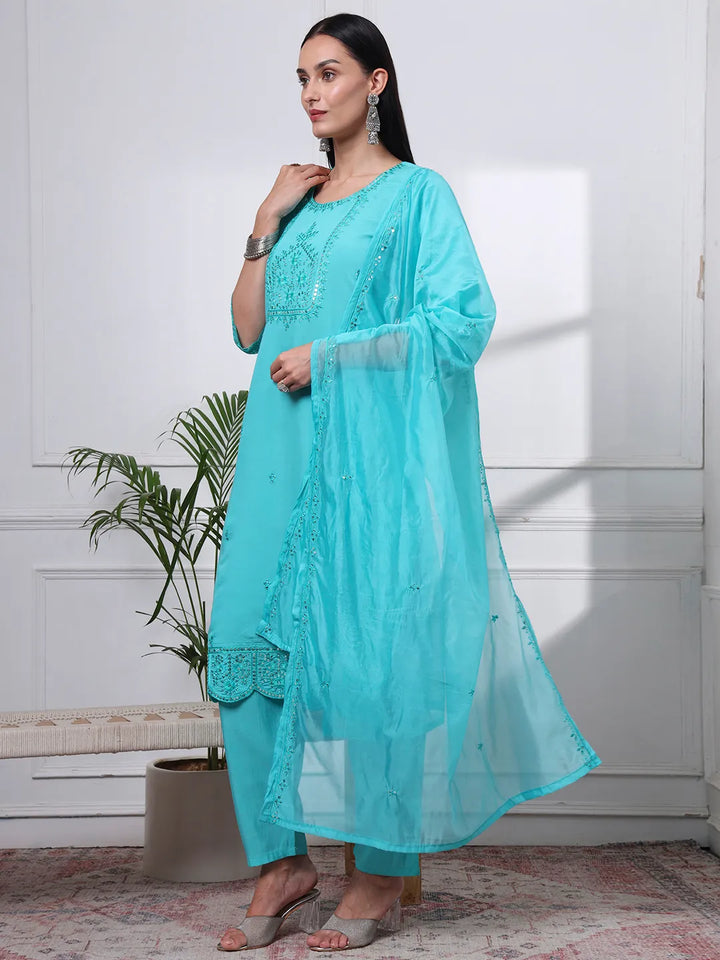 Slik Blend Sea Green Straight Kurta Dupatta Pant Set Cotton Lining Kurta
