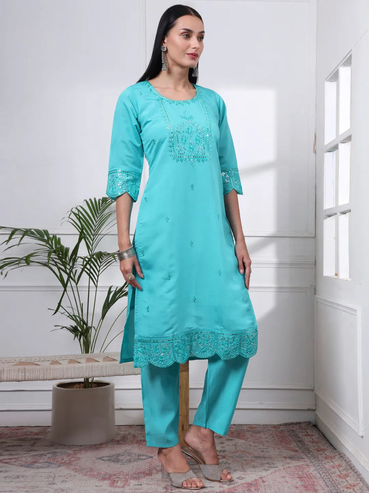 Slik Blend Sea Green Straight Kurta Dupatta Pant Set Cotton Lining Kurta