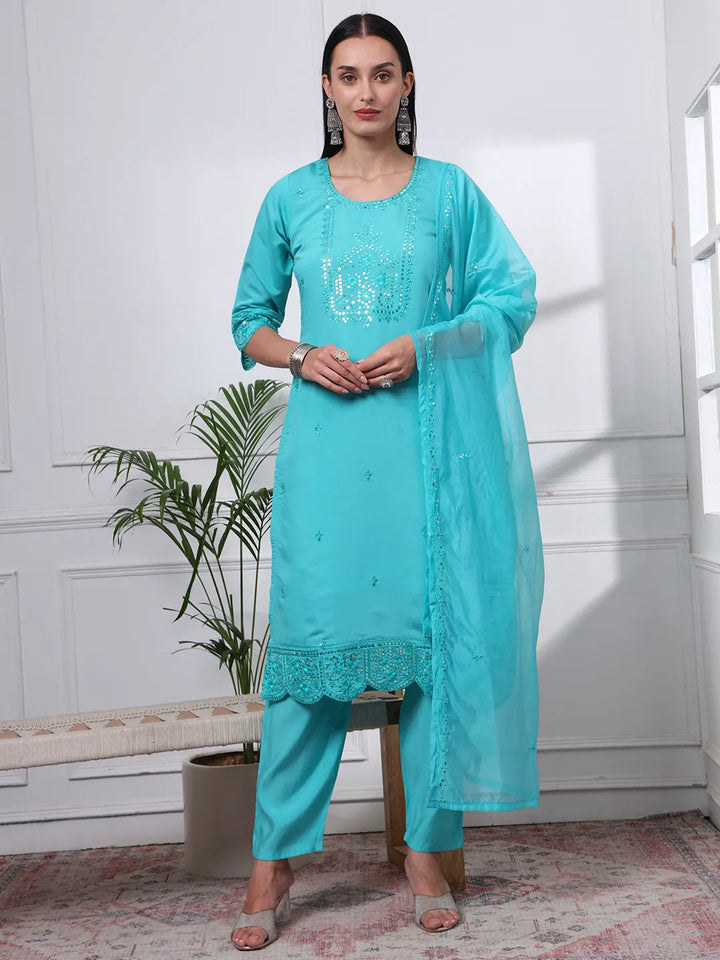 Slik Blend Sea Green Straight Kurta Dupatta Pant Set Cotton Lining Kurta