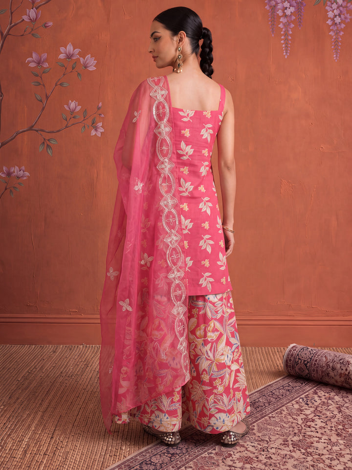 Pink Cotton Sleeveless Kurta Palazoo Dupatta Set