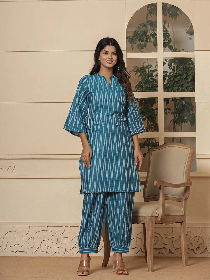 Teal Blue Cotton Ikat Co-Ord Set-Yufta Store-6952CRDTBS