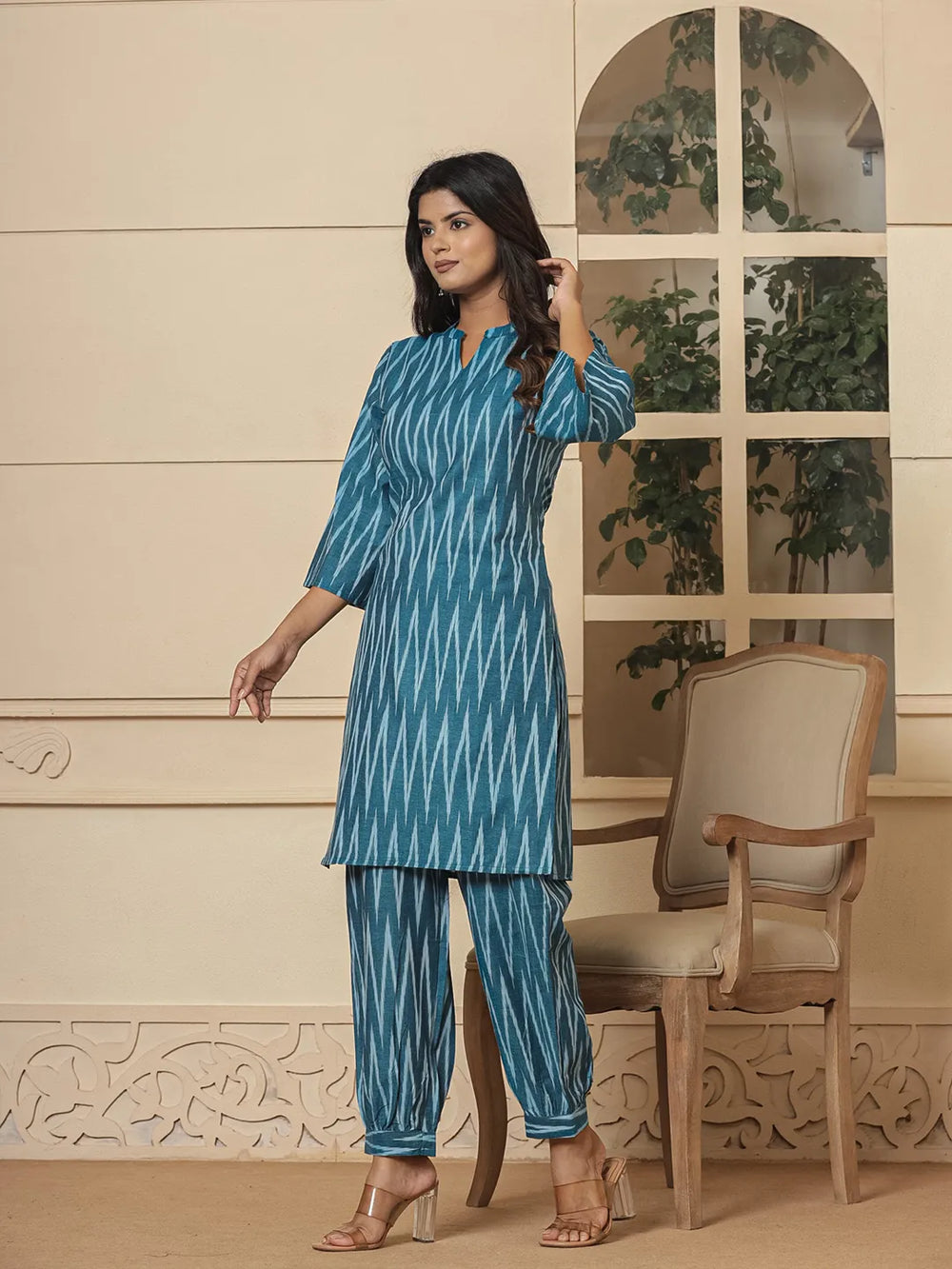 Teal Blue Cotton Ikat Co-Ord Set-Yufta Store-6952CRDTBS