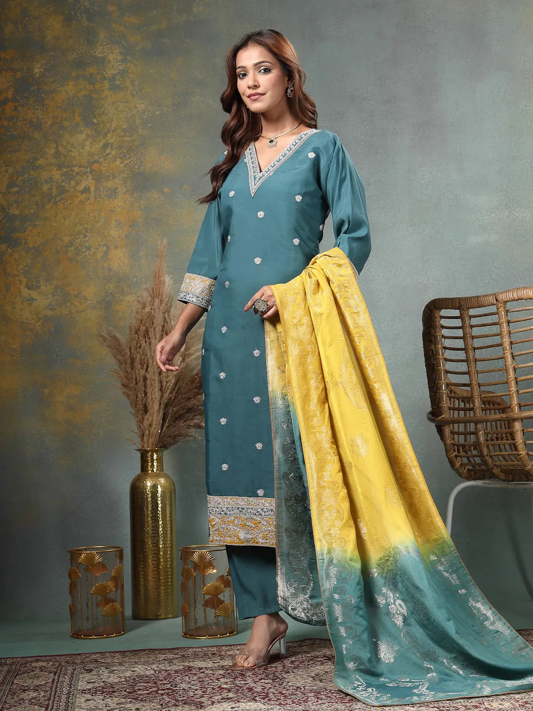 Teal Blue Dori-Embroidery Straight Silk Blend Kurta Trouser Blue And Yellow Dupatta Set-Yufta Store-6718SKDTBM