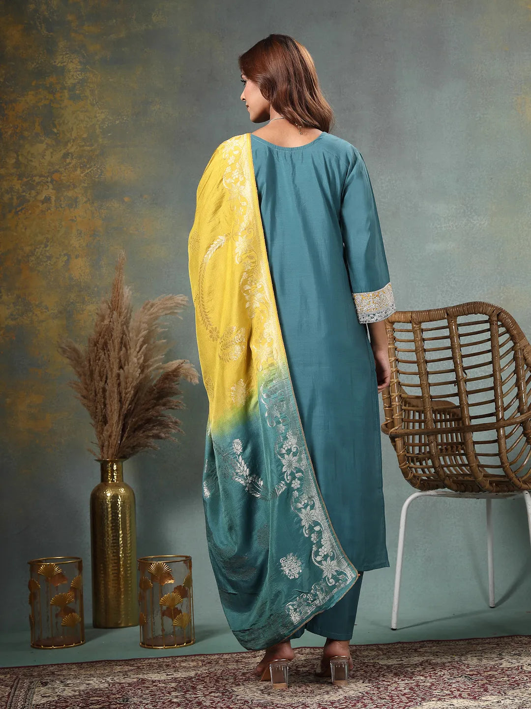 Teal Blue Dori-Embroidery Straight Silk Blend Kurta Trouser Blue And Yellow Dupatta Set-Yufta Store-6718SKDTBM