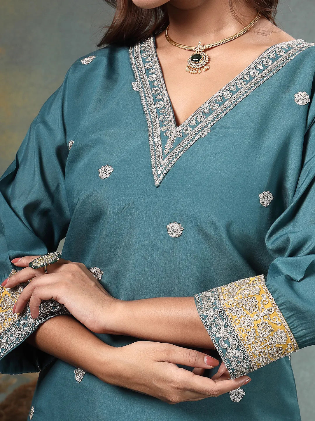 Teal Blue Dori-Embroidery Straight Silk Blend Kurta Trouser Blue And Yellow Dupatta Set-Yufta Store-6718SKDTBM