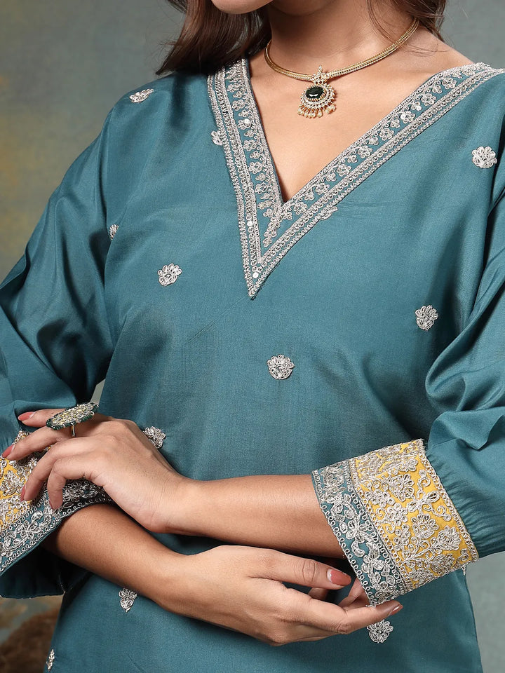 Teal Blue Dori-Embroidery Straight Silk Blend Kurta Trouser Blue And Yellow Dupatta Set-Yufta Store-6718SKDTBM