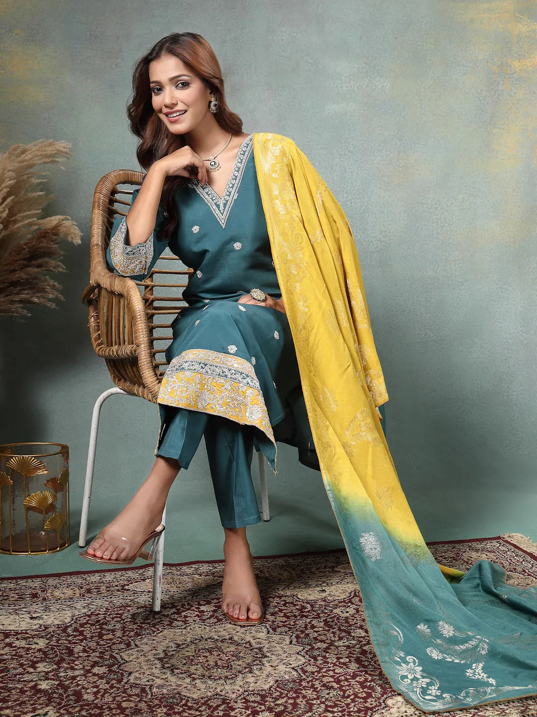 Teal Blue Dori-Embroidery Straight Silk Blend Kurta Trouser Blue And Yellow Dupatta Set-Yufta Store-6718SKDTBM