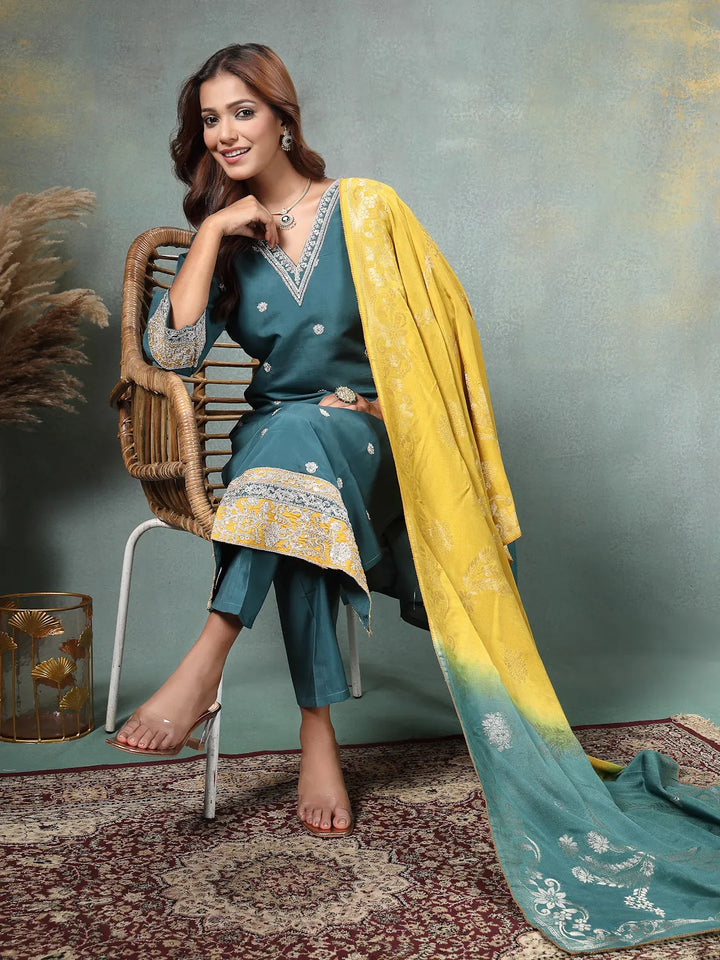 Teal Blue Dori-Embroidery Straight Silk Blend Kurta Trouser Blue And Yellow Dupatta Set-Yufta Store-6718SKDTBM