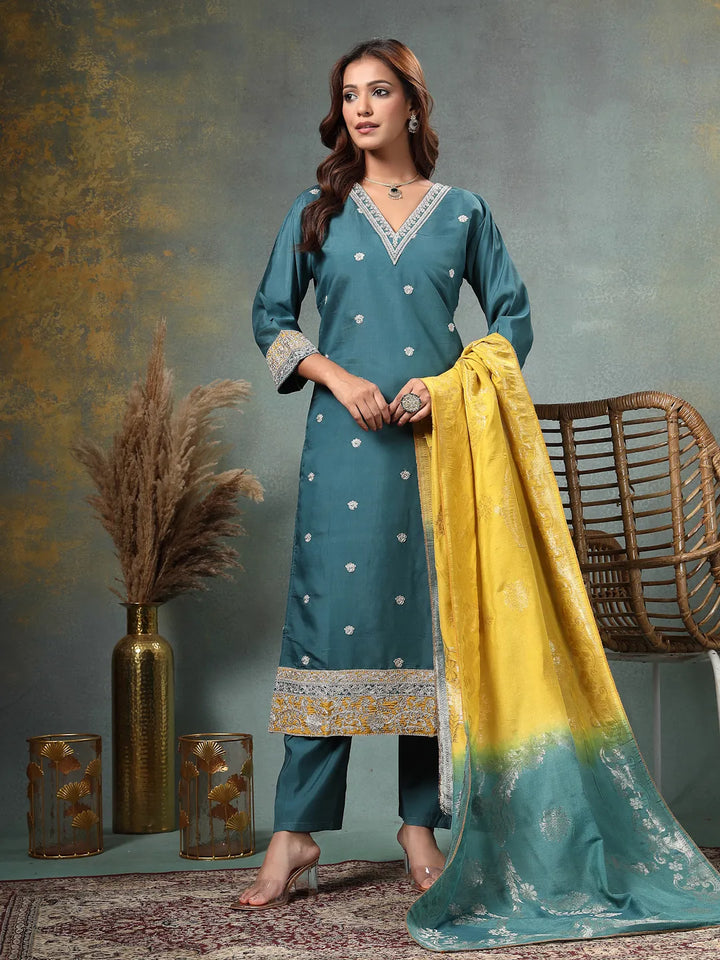Teal Blue Dori-Embroidery Straight Silk Blend Kurta Trouser Blue And Yellow Dupatta Set-Yufta Store-6718SKDTBM