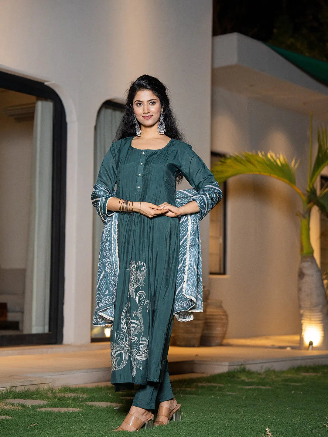 Teal Blue Embroidered A-Line Kurta And Trouser With Dupatta Set