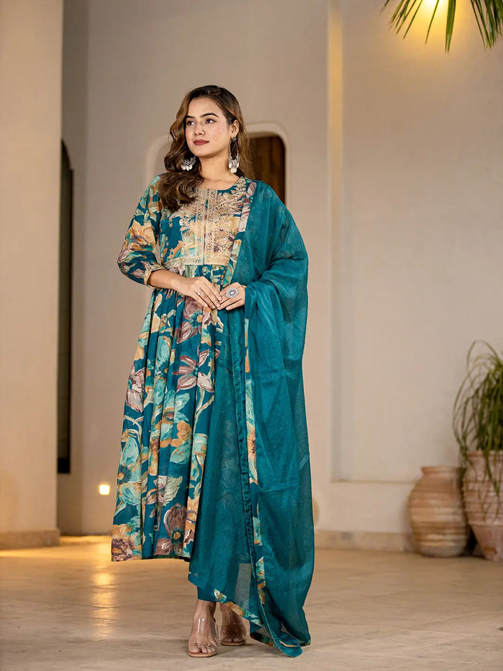 Teal Blue Floral Print Malmal Fit And Flare Suit Set-Yufta Store-6963SKDTBS