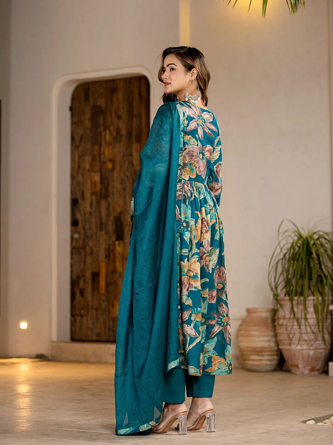 Teal Blue Floral Print Malmal Fit And Flare Suit Set-Yufta Store-6963SKDTBS