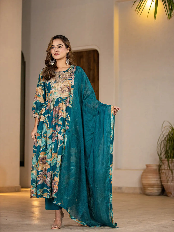 Teal Blue Floral Print Malmal Fit And Flare Suit Set-Yufta Store-6963SKDTBS