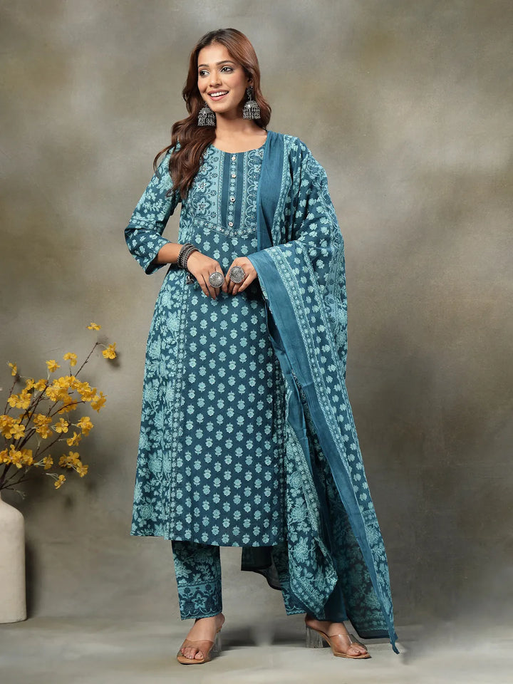 Teal Blue  Floral Print Sequins Work Cotton A-Line Kurta And Trouser With Dupatta Set