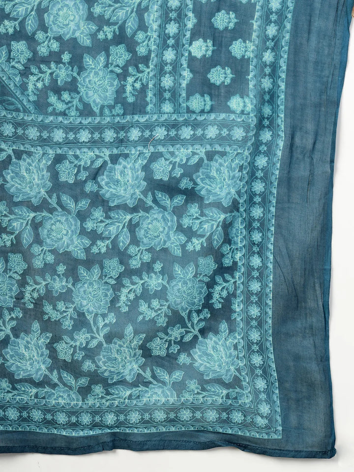 Teal Blue  Floral Print Sequins Work Cotton A-Line Kurta And Trouser With Dupatta Set