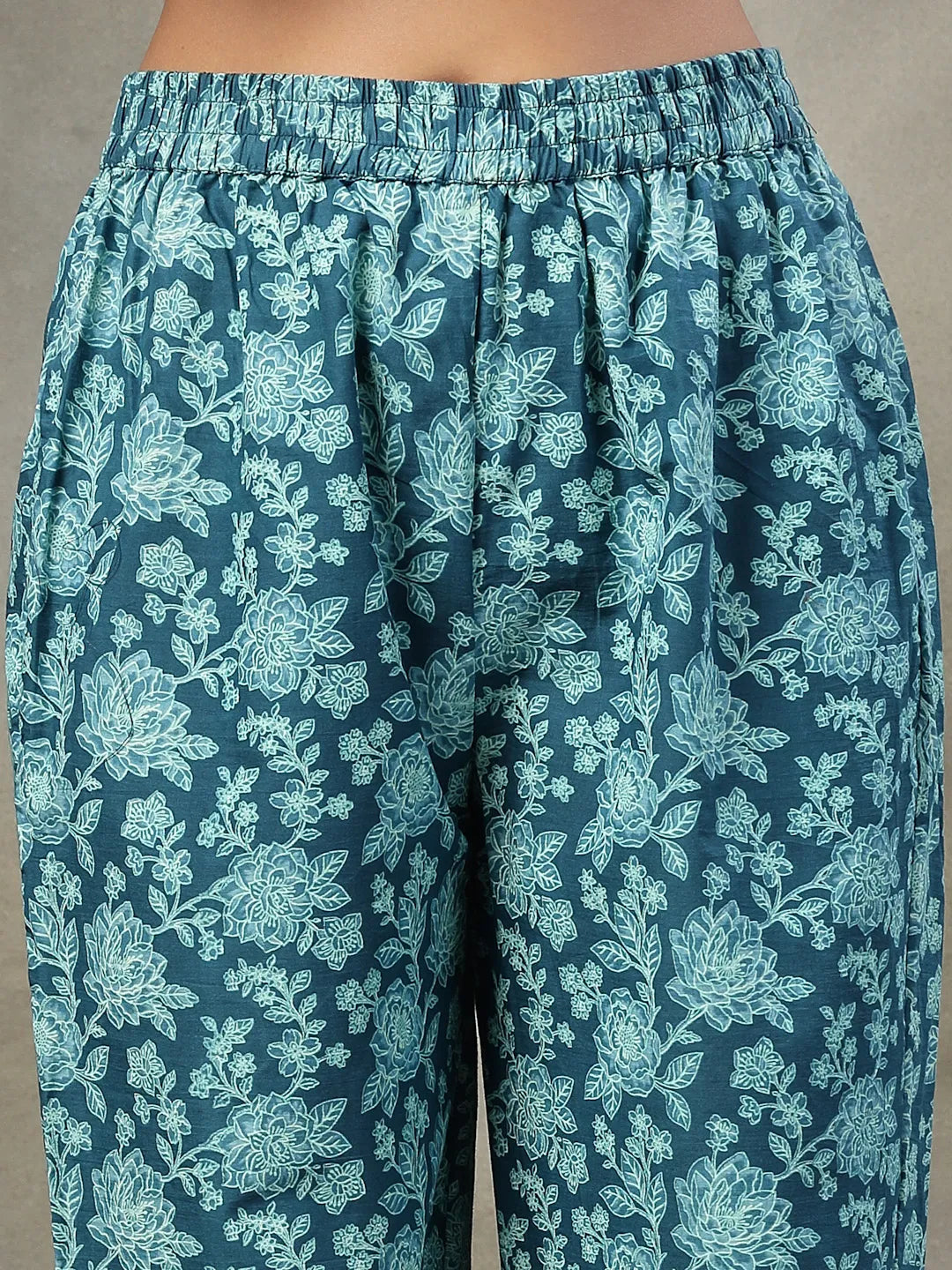 Teal Blue  Floral Print Sequins Work Cotton A-Line Kurta And Trouser With Dupatta Set