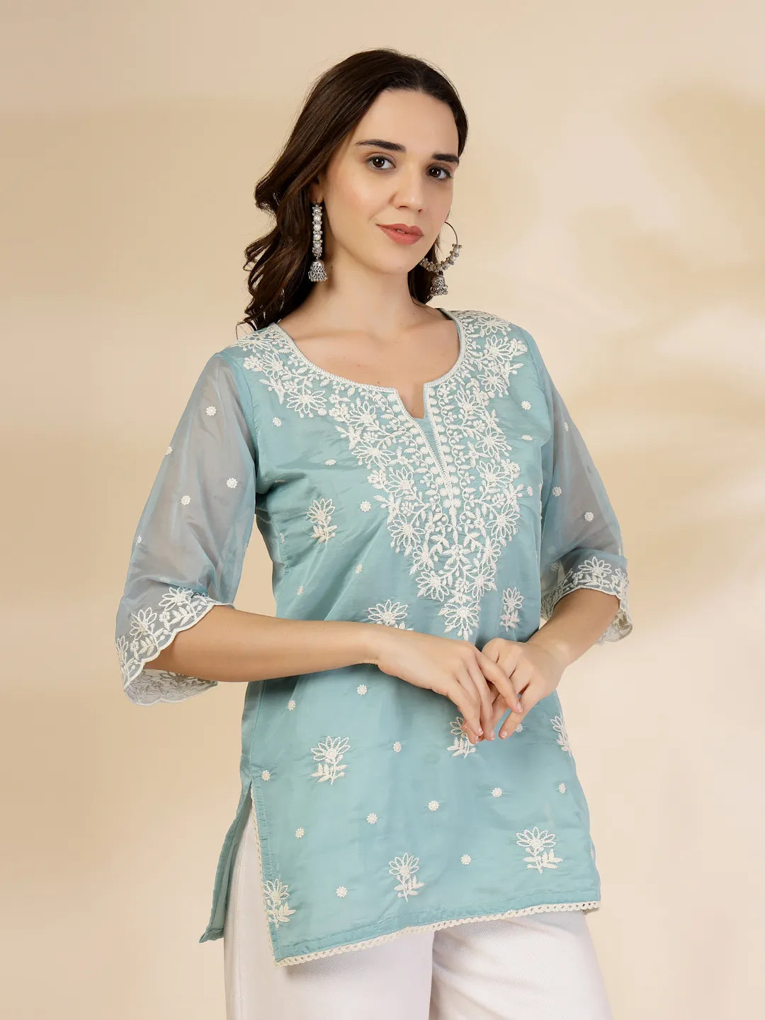 Teal Blue Organza Top-Yufta Store-6463TOPTBS