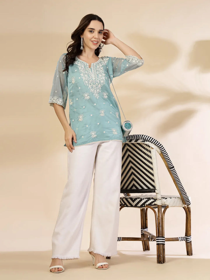 Teal Blue Organza Top-Yufta Store-6463TOPTBS