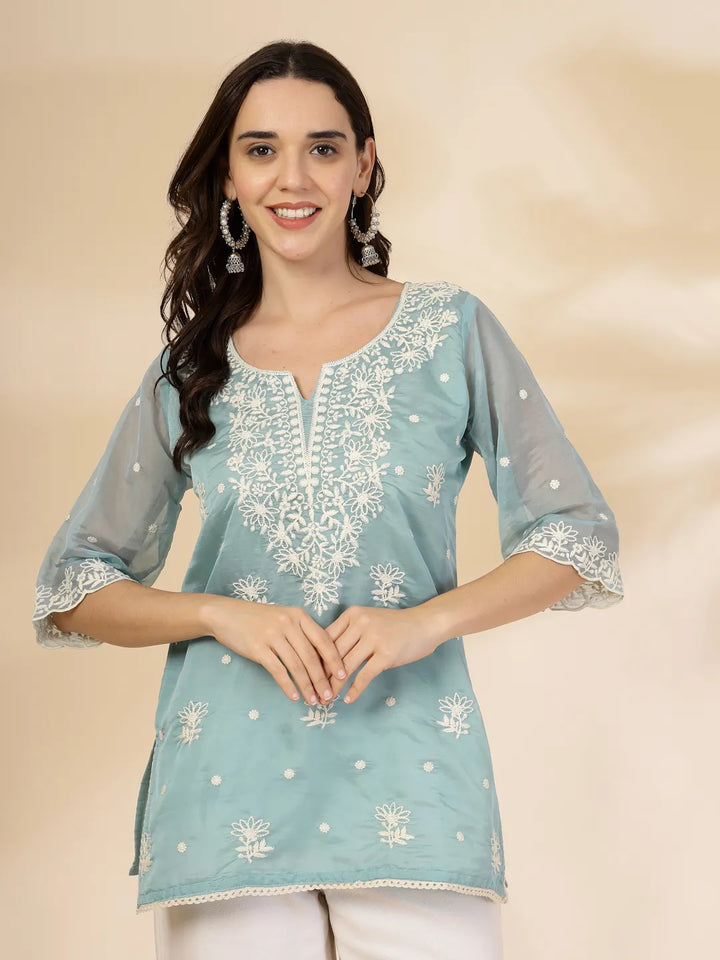 Teal Blue Organza Top-Yufta Store-6463TOPTBS