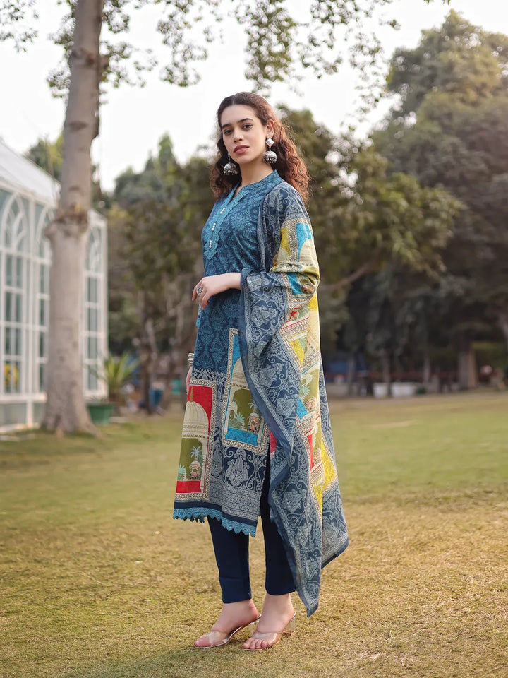 Teal Blue Pure Cotton Lace Work Pakistani Straight Kurta Dupatta Pant Set-Yufta Store-6577SKDTBM