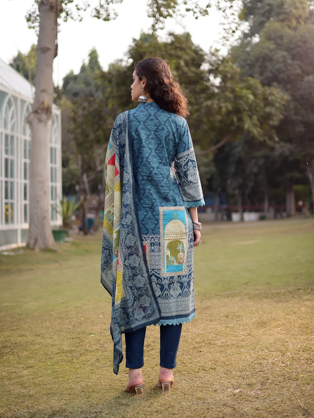 Teal Blue Pure Cotton Lace Work Pakistani Straight Kurta Dupatta Pant Set-Yufta Store-6577SKDTBM