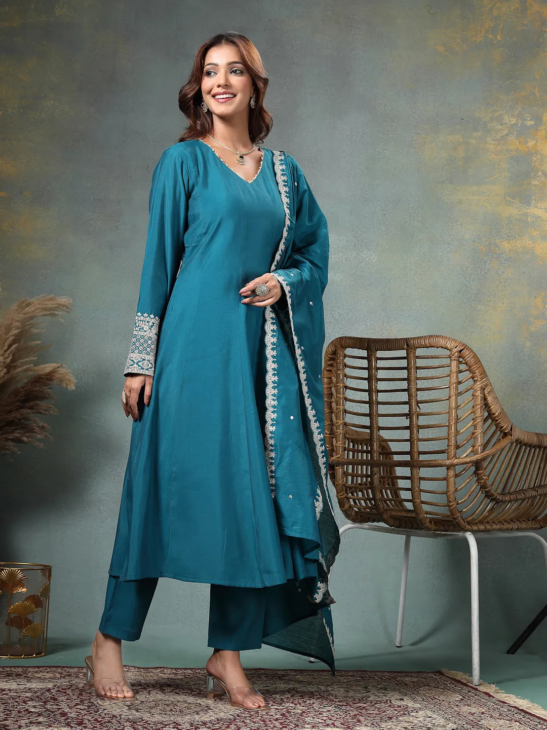 Teal Blue Roman Silk A Line Kurta Trouser Dupatta Set-Yufta Store-6762SKDTBM