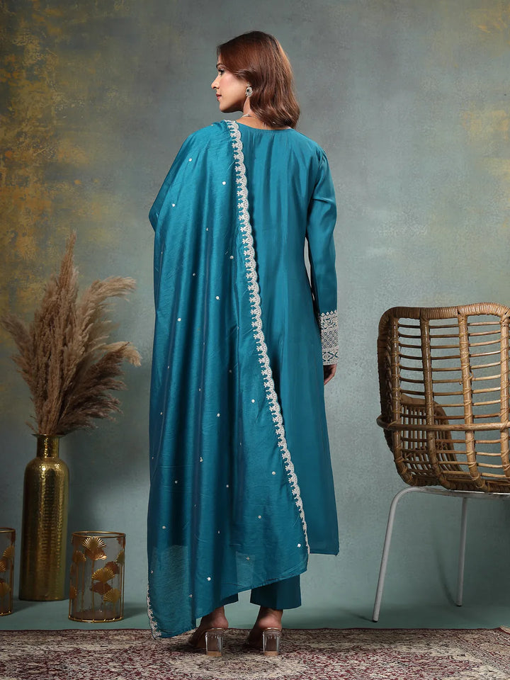 Teal Blue Roman Silk A Line Kurta Trouser Dupatta Set-Yufta Store-6762SKDTBM
