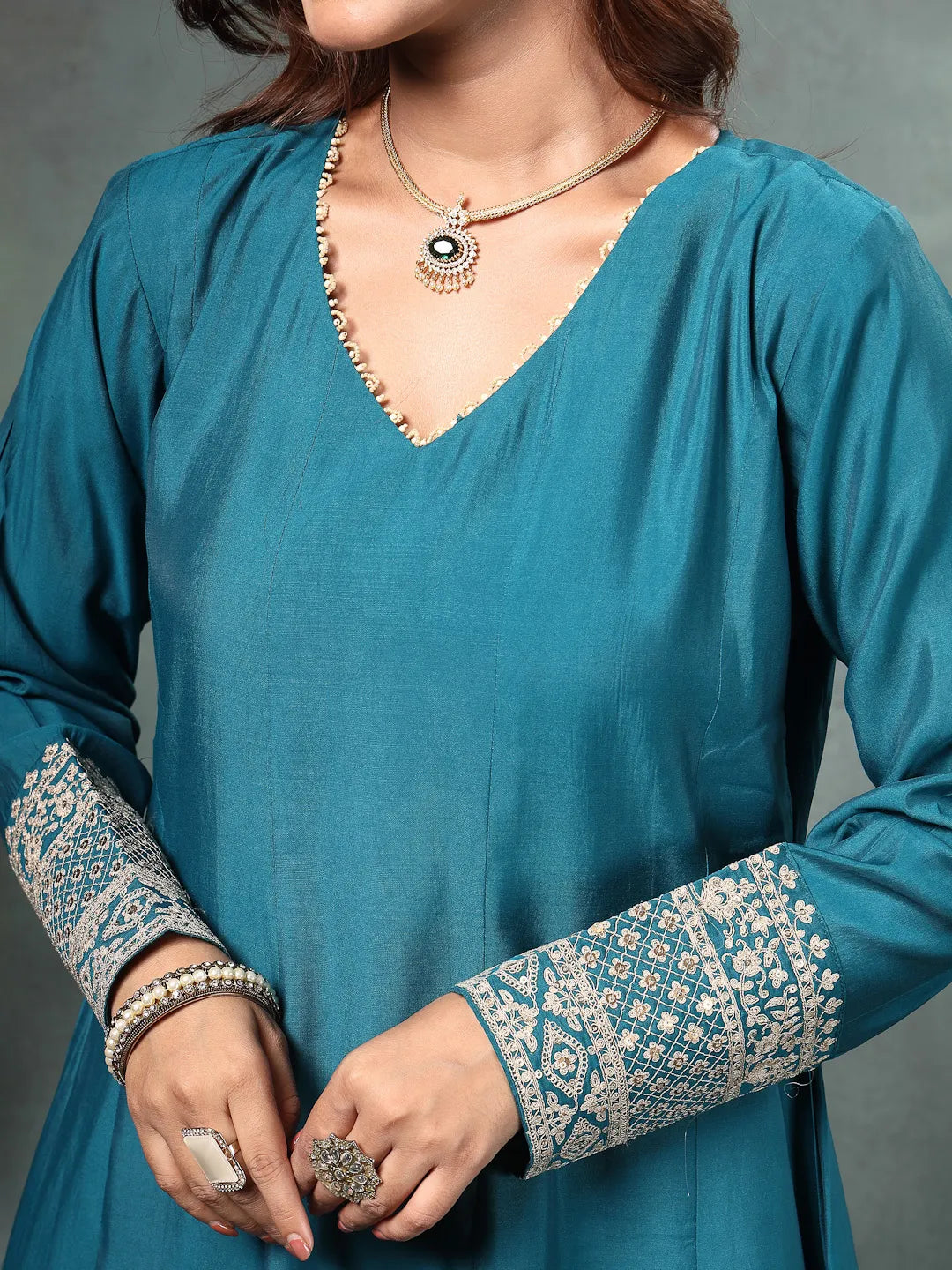 Teal Blue Roman Silk A Line Kurta Trouser Dupatta Set-Yufta Store-6762SKDTBM