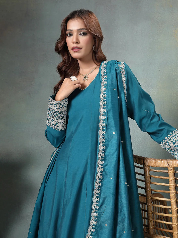 Teal Blue Roman Silk A Line Kurta Trouser Dupatta Set-Yufta Store-6762SKDTBM